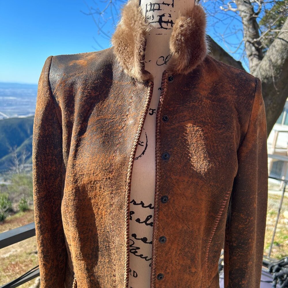 HOSS COUTURE Upscale Genuine Leather Jacket w/ Beaver Fur Collar + Cuffs, S/M